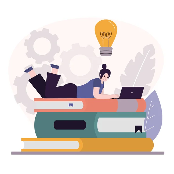 Kadın karakter bir yığın ders kitabının üzerinde yatıyor. İnternette okuyan bir kadın. Öğrenci uzaktan çalışıyor. Kız çevrimiçi kurslara ve web sitelerine giriyor. E-öğrenim ve internet eğitimi kavramı. Vektör illüstrasyonu
