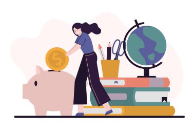 Kadın karakter eğitime yatırım yapıyor. Şirin kız kumbaraya altın para atıyor. Finans yönetimi ve bilgiye yatırım kavramı. Eğitim için para biriktiriyorum. Düz vektör illüstrasyonu