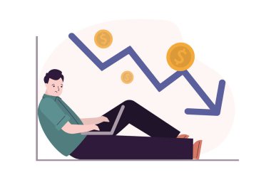 Tüccar kâr kaybediyor. Ekonomik kriz ve iş başarısızlığı. Borsa ve finans yönetimi kavramı. İflas ve düşüş çizelgesi. Yatırım kaybı, kâr yok. Vektör illüstrasyonu