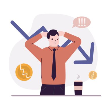 Tüccar kâr kaybediyor. Ekonomik kriz ve iş başarısızlığı. Yatırım ve borsa kavramı. İflas ve düşüş çizelgesi. Yatırım kaybı, kâr yok. Düz vektör illüstrasyonu