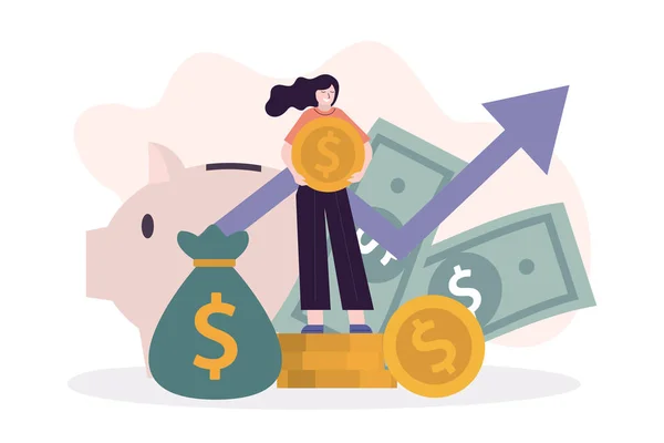 Altın parası olan bir iş kadını yatırım yapar. Çalışanların yatırım yapması ve para biriktirmesi. Kız para biriktirir ya da biriktirir. Yatırım, finans yönetimi ve bankacılık kavramı. Para yatırımı. Vektör illüstrasyonu