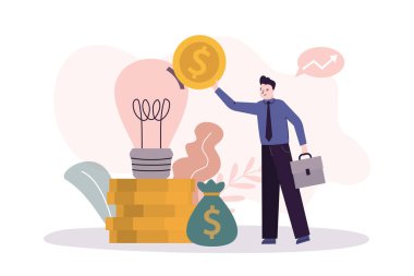 İşadamı yeni bir fikir ya da girişime yatırım yapar. Erkek çalışan yenilikçi bir fikir sunar. Yatırımcı domuz kumbarasına ampul şeklinde para koyar. Yatırım ve bankacılık kavramı. Düz vektör illüstrasyonu