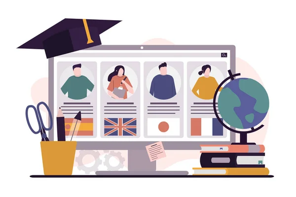Bilgisayar ekranında çeşitli öğretmen profilleri var. Dil eğitimi için öğretmen seçiyorum. Çevrimiçi eğitim, e-öğrenme. Yabancı dil kursları ya da webinarlar. İş yeri iç tasarımı. Düz vektör illüstrasyonu