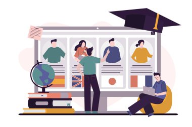 Öğrenci dersler için öğretmeni seçer. Bilgisayar ekranındaki farklı öğretmenlerin profilleri. İnsan okumak için özel ders ve dil seçer. Çevrimiçi dil kursları. E-öğrenme konsepti. Düz vektör illüstrasyonu