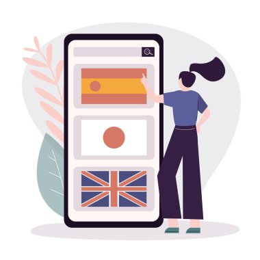 Kadın okumak için yabancı dili seçiyor. Öğrenci farklı diller öğrenmek için çevrimiçi kurslar seçiyor. E-öğrenim ve evde eğitim kavramı. Uygulama ekranda. Düz vektör illüstrasyonu