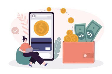 İş kadını para gönderip alıyor. Oturan kız parayı çeker. Akıllı telefon ekranında işlem uygulaması. Para dolu cüzdan. Çevrimiçi transfer ve bankacılık kavramı. Düz vektör illüstrasyonu