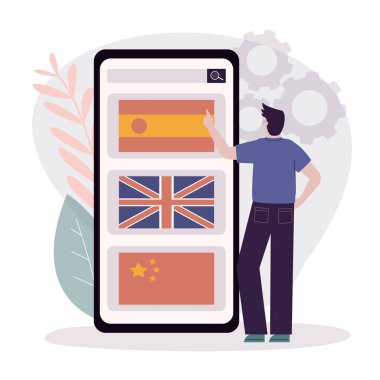 İnsan okumak için yabancı dili seçer. Öğrenci farklı diller öğrenmek için çevrimiçi kurslar seçiyor. E-öğrenim ve evde eğitim kavramı. Uygulama ekranda. Düz vektör illüstrasyonu