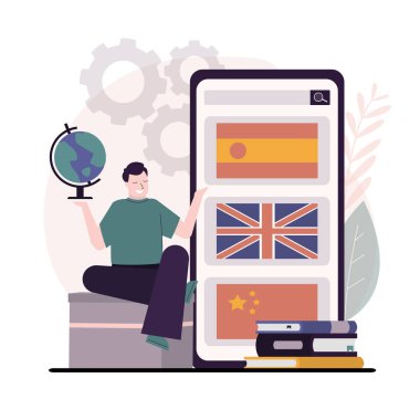 Tanıtımcı online dil kursları veriyor. Telefon ekranında yabancı dil öğrenmek için uygulama. Derslerin ve derslerin reklamı. Öğretmenlik hizmeti, çevrimiçi eğitim. Düz vektör illüstrasyonu.