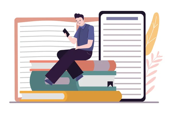Estudante Vários Literatura Smartphone Homem Senta Pilha Livros Com Telefone —  Vetores de Stock