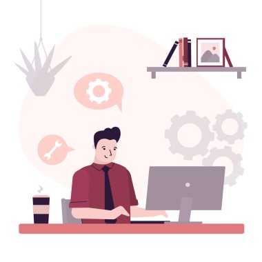 Mutlu iş adamı bilgisayarı tamir eder. Çalışan yazılım kuruyor. Erkek karakter bilgisayar ayarlarını ayarlar. Bilgisayar bakım servisi kavramı. İş yeri iç tasarımı. Moda düz vektör illüstrasyonu