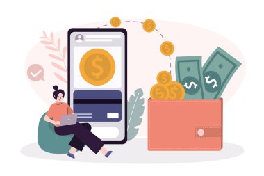 İş kadını para gönderip alıyor. Oturan kız parayı çeker. Akıllı telefon ekranında işlem uygulaması. Para dolu cüzdan. Çevrimiçi transfer ve bankacılık kavramı. Düz vektör illüstrasyonu