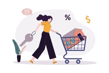 İpotek kredisi. El arabasıyla ev alan bir kadın. İpotek ödemesi kavramı. Emlak için ev kredisi ya da para yatırımı. Mülk parası yatırım sözleşmesi. Satılık ev. Düz vektör illüstrasyonu