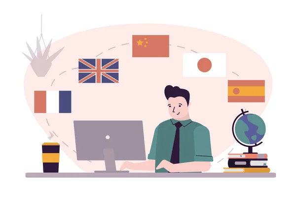 Student Learns Different International Languages Man Sits Workplace Chooses Language — Stock Vector