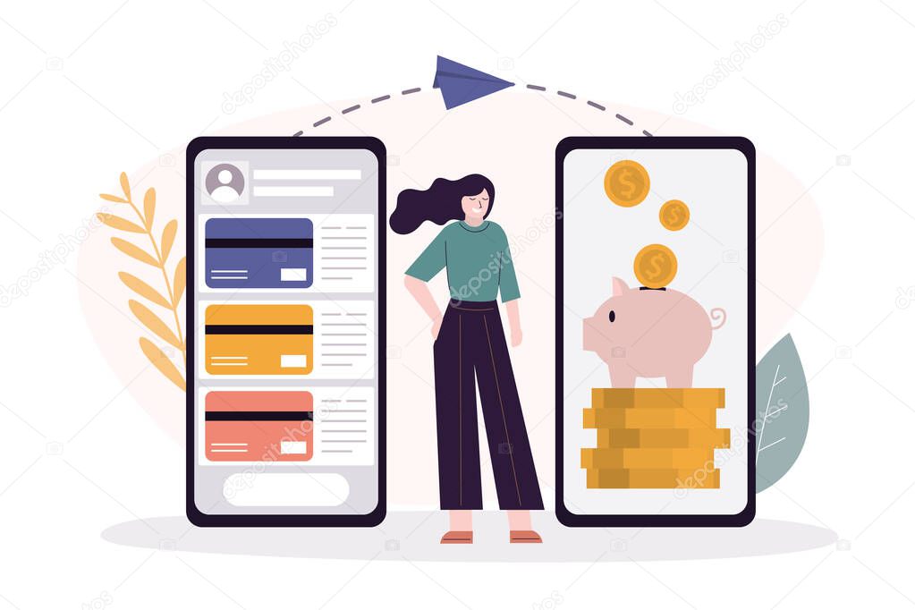 Business woman send and save money. Money transfer on savings card. Application for transactions on phone screen. Payment mobile app. Concept of online transfer and banking. Flat vector illustration