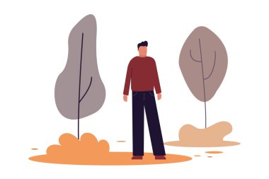 Çizgi filmci parkta yürüyor. Ayakta duran mutlu adam. Sağlıklı bir yaşam tarzı. Açık hava eğlencesi ve boş zaman geçirme kavramı. Dinlenme ve sessizlik zamanı. Beyaz arka planda izole edilmiş. Düz vektör illüstrasyonu