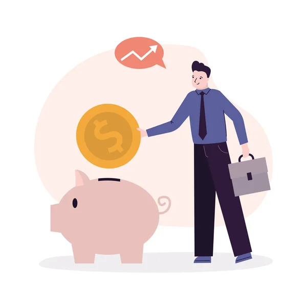 Businessman Throw Gold Coins Large Piggy Bank Male Invest Money — Stock Vector