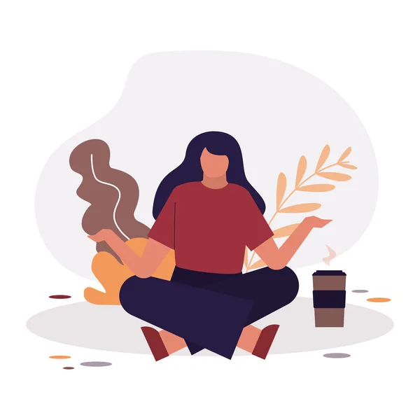 Mujer Relajada Meditando Naturaleza Chica Tranquila Meditando Pose Loto Yoga — Vector de stock