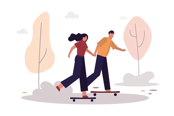 公園に乗ってスケートボーダーのカップル スケートの漫画家 活動と健康的なライフスタイル 屋外レクリエーション 休暇の概念とアクティブな自由な時間を過ごす トレンドフラットベクトルイラスト — ストックベクタ