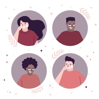 Bir grup renkli insan deriyle ilgilenir. Güzellik ürünlerini kullanarak. Kişisel bakım ve cilt durumunu iyileştirme kavramı. Kozmetik kremi, yüz maskesi ya da göz bandı. Acımasızca. Vektör illüstrasyonu