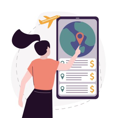 Çizgi filmdeki kadın, telefon ekranında seyahat edeceği yeri seçti. Gezici uygulama ile tatil için gezici turist arayan kadın ülke. Yaz tatili kavramı. Uçak seyahatleri. Düz vektör illüstrasyonu