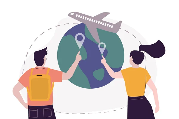 Turistler dünya üzerinde seyahat etmek için yer seçerler. Mutlu çizgi film gezginleri gezilerini arayıp planlıyorlar. Yaz tatili ve eğlence konsepti. Uçak seyahatleri. Moda düz vektör çizimi