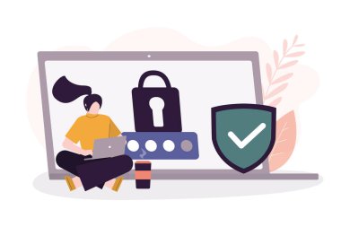 Kadın kayıt yaptırmış. Kişisel veri koruması kavramı. Kullanıcı güvenli giriş ve parola kullanır. Profil ve hesap korumasını internetten yapın. Dizüstü bilgisayardaki kullanıcı uygulaması. Vektör illüstrasyonu