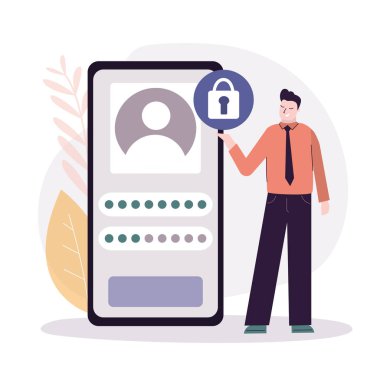 Adam internet sitesinde kayıt yaptırıyor. Kişisel veri koruması ve güvenli giriş kavramı. Kullanıcı güvenli giriş ve parola kullanır. Profil ve hesap korumasını internetten yapın. Moda düz vektör illüstrasyonu
