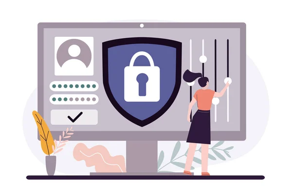 Kadın kullanıcı özel hesap açıyor. Kişisel veri koruması ve güvenli giriş kavramı. Kullanıcılar güvenli giriş ve parola kullanır. Profil ve hesap korumasını internetten yapın. Düz vektör illüstrasyonu