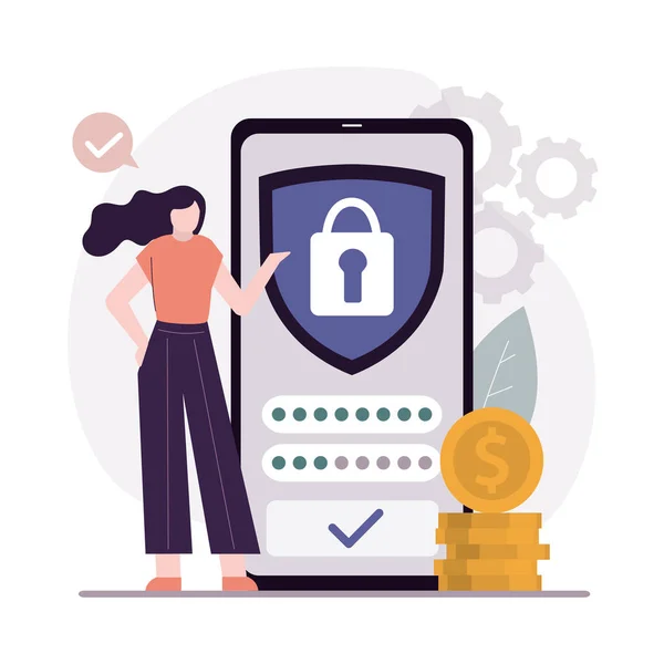 İş kadını telefon ekranında cihazın güvenliğini sağlıyor. Kişisel veri koruması ve güvenli giriş kavramı. Profil ve hesap korumasını internetten yapın. Kullanıcı uygulaması. Düz vektör illüstrasyonu
