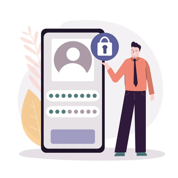男はウェブサイト上でオンライン登録します 個人データ保護と安全なサインインの概念 ユーザーは安全なログインとパスワードを使用します プロフィールとインターネット上のアカウント保護 トレンドフラットベクトルイラスト — ストックベクタ