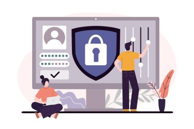 Kadın için özel hesap açtıran kullanıcı. Kullanıcılar güvenli giriş ve parola kullanır. Kişisel veri koruması ve güvenli giriş kavramı. Profil ve hesap korumasını internetten yapın. Vektör illüstrasyonu