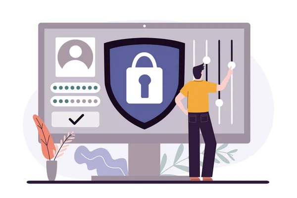 Erkek kullanıcı özel hesap açıyor. Kişisel veri koruması ve güvenli giriş kavramı. Kullanıcılar güvenli giriş ve parola kullanır. Profil ve hesap korumasını internetten yapın. Düz vektör illüstrasyonu