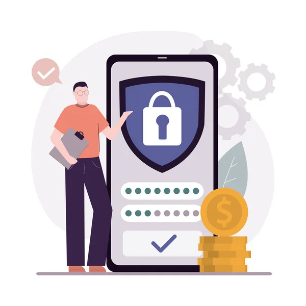 ビジネスマンは 電話画面上のデバイスの安全性を確保します 個人データ保護と安全なサインインの概念 プロフィールとインターネット上のアカウント保護 ユーザーアプリケーション 平面ベクトル図 — ストックベクタ