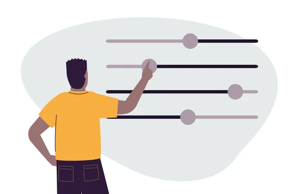 Hombre Afroamericano Mueve Diferentes Deslizadores Negro Ajusta Varios Parámetros Concepto — Vector de stock