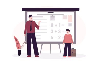 Okula dönelim. Tahtanın önünde çizgi film öğretmeni erkek öğrenciye örnek veriyor. Sınıfta öğretim ve öğrenim kavramı. Eğitim ve bilgi. Moda düz vektör illüstrasyonu
