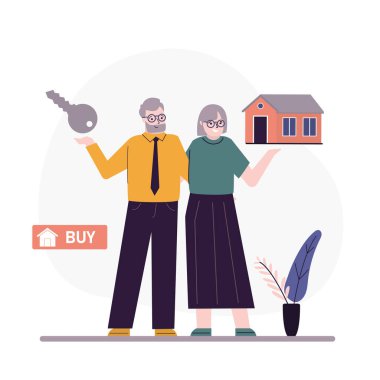Yaşlı bir aile yeni bir ev alır. Daire alan yaşlı evli bir çift. Büyükbaba ve büyükbaba emlak seçimi ya da hizmet satın alıyorlar. Çizgi film yaşlıları evi satın alıyor. Yeni mülk sahibi. Moda vektör illüstrasyonu