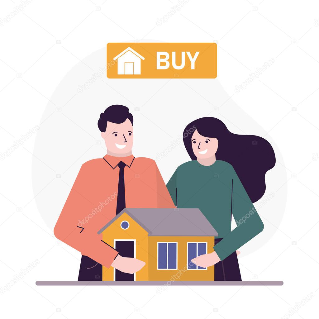 Cartoon family buy new house. Married couple buying apartment. Online real estate selection or acquire service. Purchase of home. New property owner. Invest money in property. Flat vector illustration