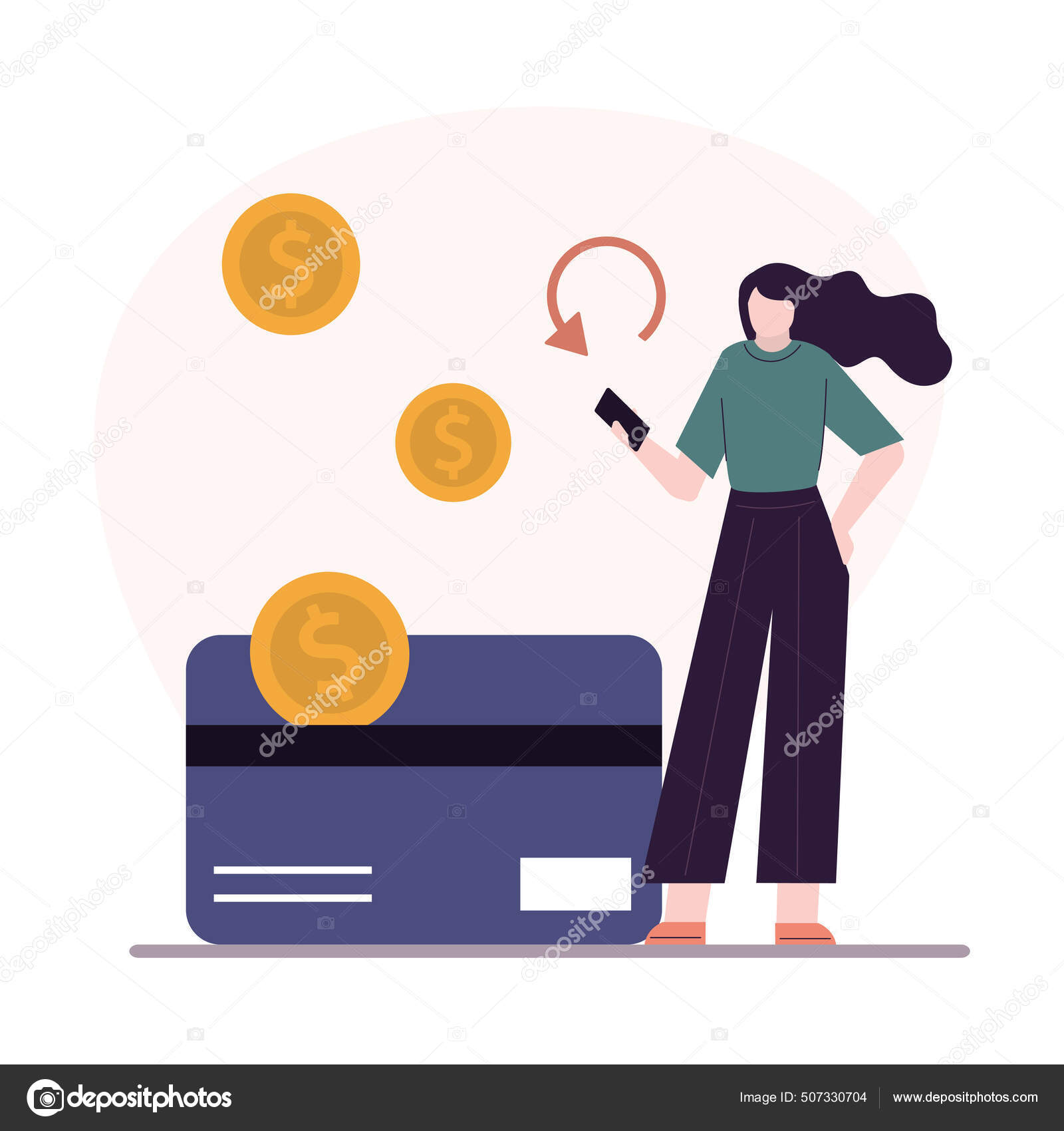 Servicio Devolución Efectivo Reembolso Dinero Mujer Dibujos Animados Recibe vector, vectorial © #507330704