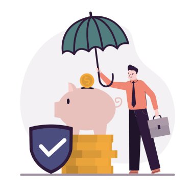 Finansal ve iş sigortası. Çizgi filmci para biriktirip banka mevduatını koruyor. İşadamı mal varlığını sigortaladı. Güvenlik yatırımı. Para koruma ve garanti kavramı. Vektör illüstrasyonu
