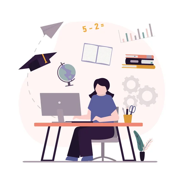 Kız öğrenci bilgisayarda uzaktan öğreniyor. Çocuk farklı bilimler okuyor. Öğrenci iş yerinde oturur ve ders çalışır. Dişi çocuk internetten bilgi alıyor. E-öğrenme, çevrimiçi eğitim. Vektör illüstrasyonu