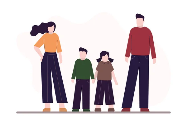 Aile fotoğrafı. Çocuklu mutlu ebeveynler. Ayakta duran dört sevimli insan. Çizgi film anne, baba ve iki çocuk. Ergenlik çağındaki mutlu karı ve koca. Büyük bir aile. Moda düz vektör illüstrasyonu