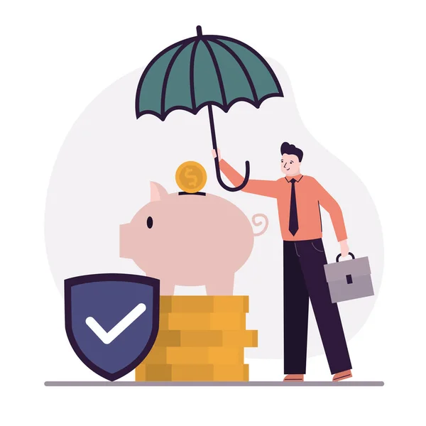Finansal ve iş sigortası. Çizgi filmci para biriktirip banka mevduatını koruyor. İşadamı mal varlığını sigortaladı. Güvenlik yatırımı. Para koruma ve garanti kavramı. Vektör illüstrasyonu