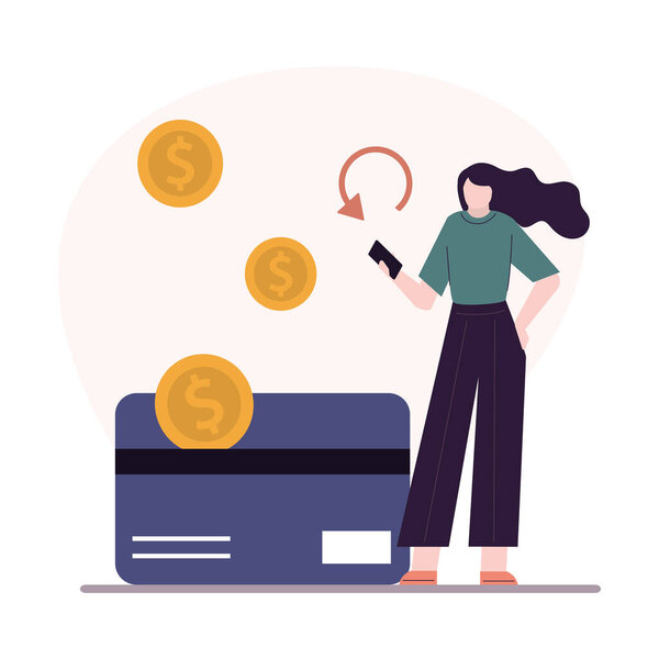Cashback service and online money refund. Cartoon woman gets refund on credit or debit card. Concept of transfer money, e-commerce and saving account. Cashback loyalty program. Flat vector illustration