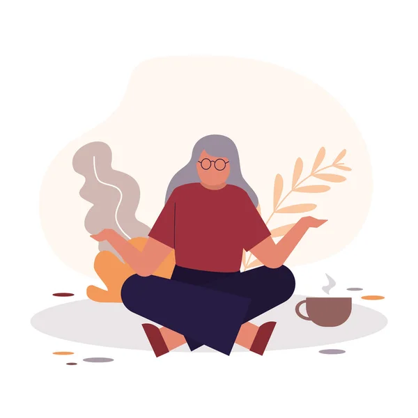 Una Anciana Relajada Meditando Naturaleza Abuela Meditando Pose Loto Yoga — Vector de stock
