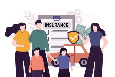 Çocuklu mutlu bir ailenin sigorta teklifi var. Çocuklu ebeveynler. Ev ve araba konsepti için tam sigorta. Kazaya karşı gelecekteki finansal destek. Sigorta planı. Düz vektör illüstrasyonu