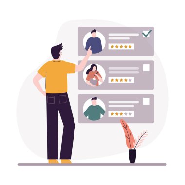 Erkek işveren, reytinglere göre çalışan arıyor. Web sitesine bakıyorum. İnsan kaynakları uzmanları iş için en iyi adayı seçiyor. Personel alımı ve özgeçmiş konseptine devam ediyor. Vektör illüstrasyonu