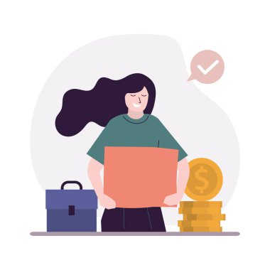 Çizgi film kadın çalışanı posteri tutuyor. İş kadını imza atıp iş arıyor. Belge ya da özet. İnsanları işe almak ve işe almak. Personel alımı ve özgeçmiş konseptine devam ediyor. Düz vektör illüstrasyonu