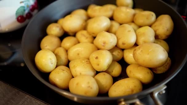 Patatas jóvenes frescas en una sartén lista para cocinar. — Vídeo de stock