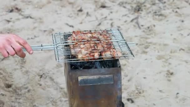 Erkekler kumsalda mangalda et pişiriyorlar. Güneşli bir günde portatif ızgarada ızgara et. — Stok video