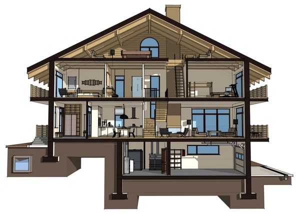 3D-gedeelte van een landhuis. Geïsoleerd op witte achtergrond — Stockfoto